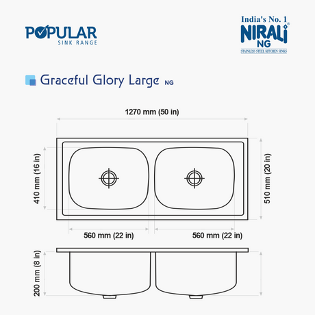 SS SINK 2.0 BOWL W/O DRAIN BOARD (DEPTH 8  )GRACEFUL GLORY LARGE - NIRALI -  ( GLOSSY - POPULAR SINK RANGE - 1270x510 mm - 50inchX20inch )