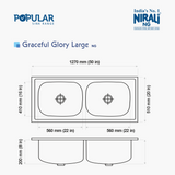 SS SINK 2.0 BOWL W/O DRAIN BOARD (DEPTH 8  )GRACEFUL GLORY LARGE - NIRALI -  ( SATIN - POPULAR SINK RANGE - 1270x510 mm - 50inchX20inch )