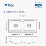 SS SINK 2.0 BOWL W/O DRAIN BOARD (DEPTH 8  )GRACEFUL GLORY SMALL - NIRALI -  ( GLOSSY - POPULAR SINK RANGE - 990x457 mm - 39inchX18inch )
