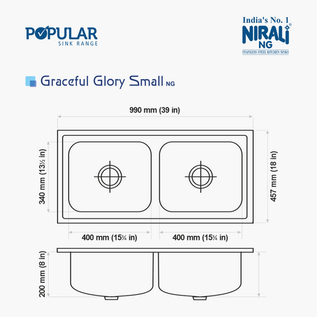 SS SINK 2.0 BOWL W/O DRAIN BOARD (DEPTH 8  )GRACEFUL GLORY SMALL - NIRALI -  ( GLOSSY - POPULAR SINK RANGE - 990x457 mm - 39inchX18inch )