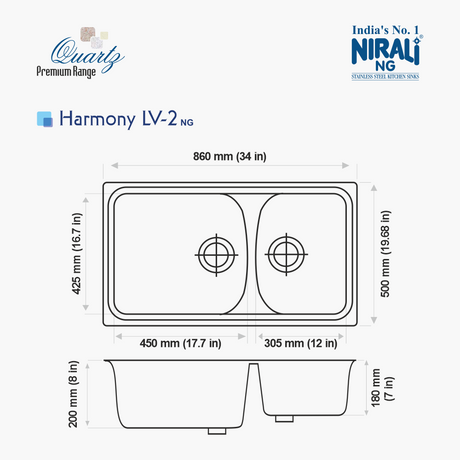 QUARTZ SINK 1.0 BOWL W/O DRAINBOARD (DEPTH 8.5INCH) HARMONY LV-1 - NIRALI -  ( BEIGE GRANITE - QUARTZ PREMIUM RANGE - 500x432 mm - 19.68inchX17inch )