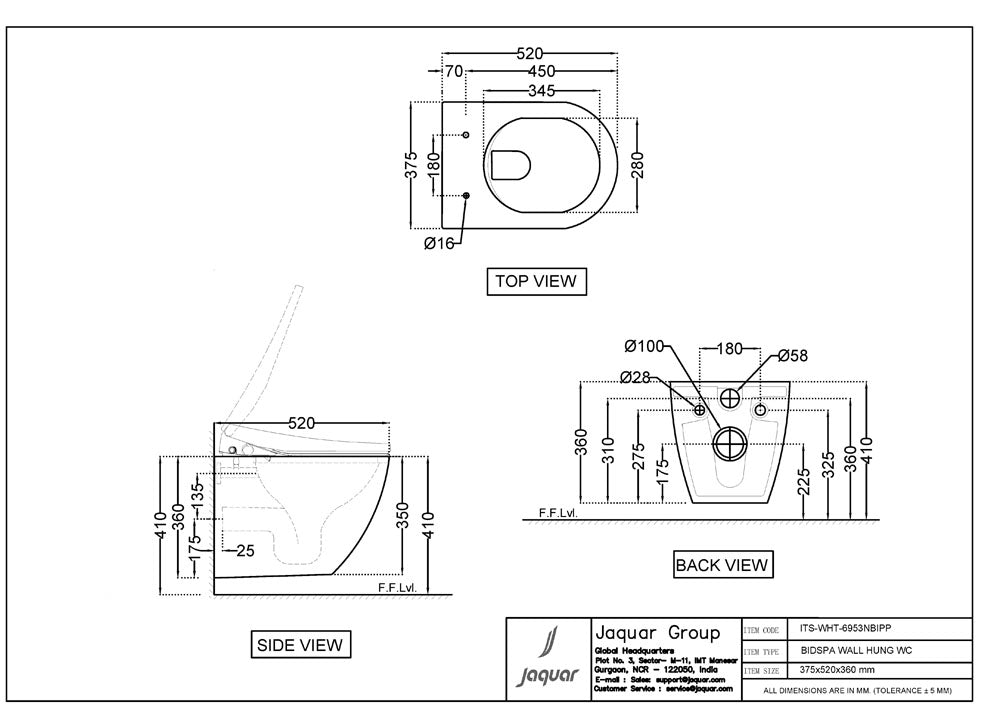 BIDSPA RIMLESS BLIND INSTALLATION WALL HUNG WC WITH ELECTRONIC PP SEAT COVER, HINGES & ACCESSORIES SET - JAQUAR SWARE - ( WHITE - BIDSPA (ELECTRONIC WC)- 375x520x400 mm - 15inchX20.8inchX16inch )