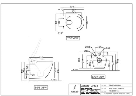 BIDSPA RIMLESS BLIND INSTALLATION WALL HUNG WC WITH ELECTRONIC PP SEAT COVER, HINGES & ACCESSORIES SET - JAQUAR SWARE -  ( WHITE - BIDSPA (ELECTRONIC WC) - 375x520x400 mm - 15inchX20.8inchX16inch )
