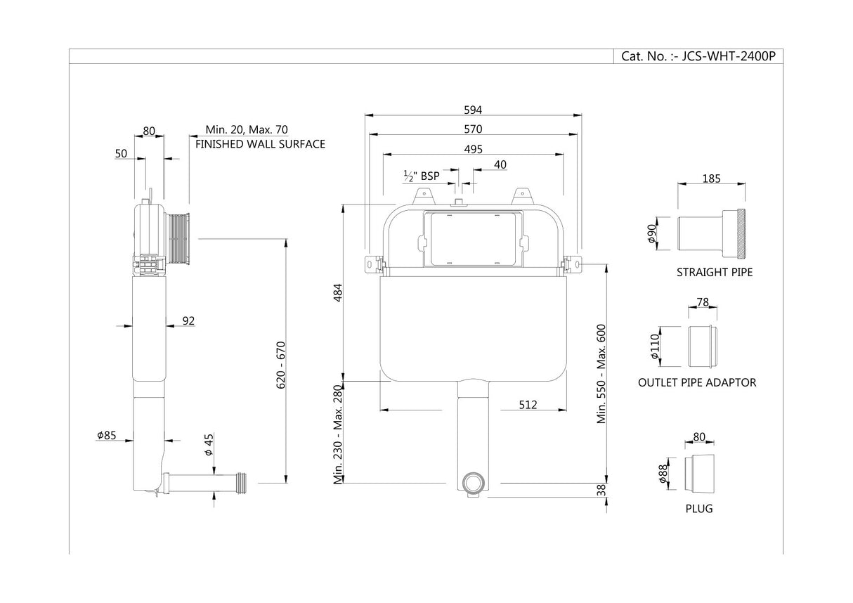 CONC.CIST 80MM WTH P DRAIN PIPE W/O FRAM - JAQUAR CISTERN -  ( WHITE -  - 0x0 mm - 0inchx0inch )