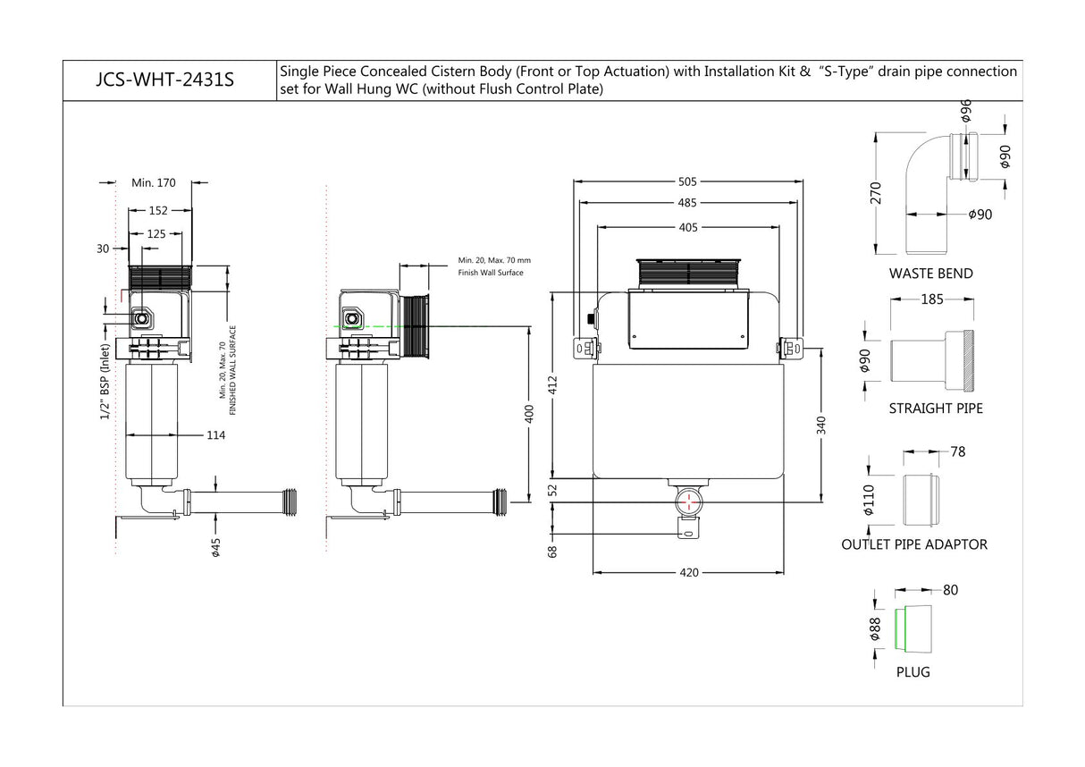 CONC.CIST W/S-TYPE DRAIN PIPE W/O FRAM - JAQUAR CISTERN -  ( WHITE -  - 0x0 mm - 0inchx0inch )