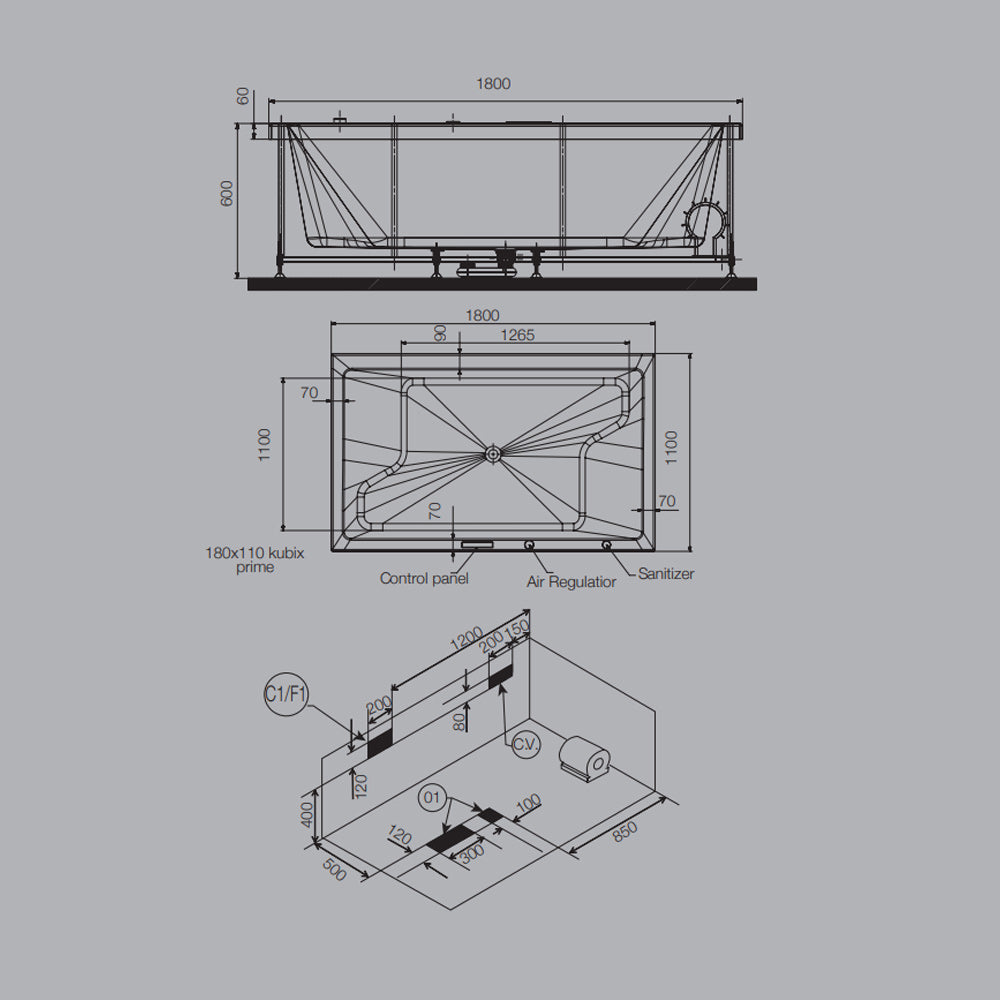 WHIRLPOOL WATER SYSTEM W/O F&S PANEL - JAQUAR WELLNESS - ( WHITE - KUBIX - 1800x1100 mm - 72inchX44inch )
