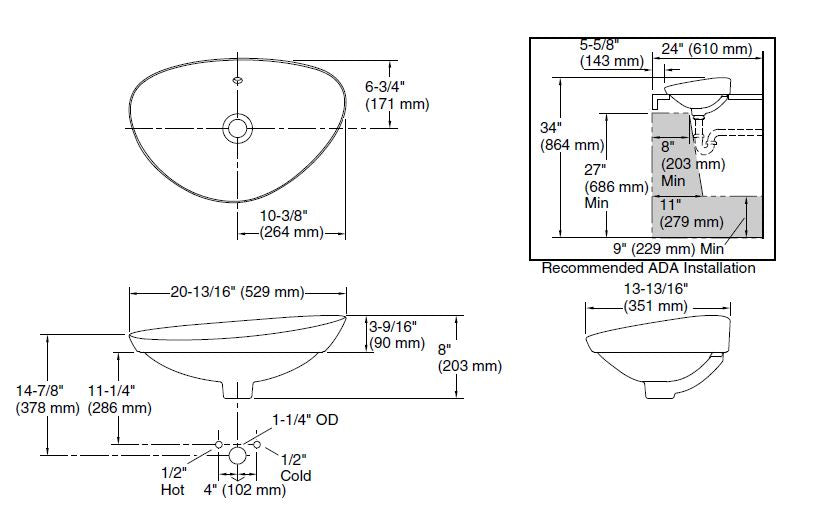 VEIL-TABLE TOP BASIN W/OVER FLOW - KOHLER LUXURY -  ( WHITE - LUXURY - 537x357 mm - 21inchX14inch )