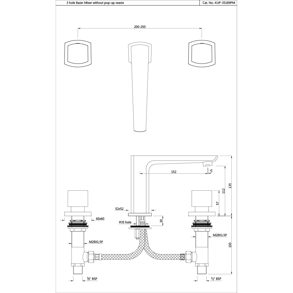 THREE HOLE BASIN MIXER W.O POPUP - JAQUAR FAUCETS -  ( CHROME - KUBIX PRIME - 0x15 mm - 0inchX0.5inch )