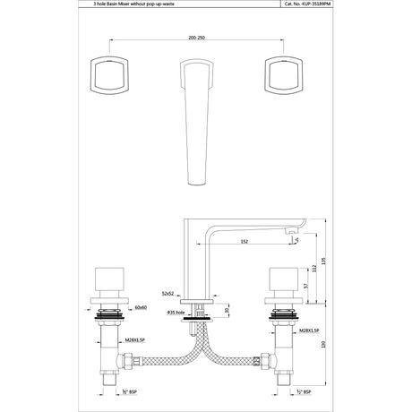 3-HOLE BASIN MIXER WITHOUT POPUP WASTE - JAQUAR FAUCETS -  ( BLACK MATT - KUBIX PRIME - 0x15 mm - 0inchX0.5inch )