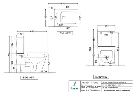 W/M RIMLESS BOWL P TRAP- 180 MM COUPLED W/DUAL FLUSH CISTERN & W/UF SOFT CLOSE SLIM SEAT COVER - JAQUAR SWARE -  ( WHITE - KUBIX - 385x650x800 mm - 15.4inchX26inchX32inch )