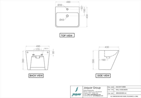 WALL HUNG INTEGRATED BASIN - JAQUAR SWARE - ( WHITE - KUBIX - 490x430 mm - 20inchX17inch )