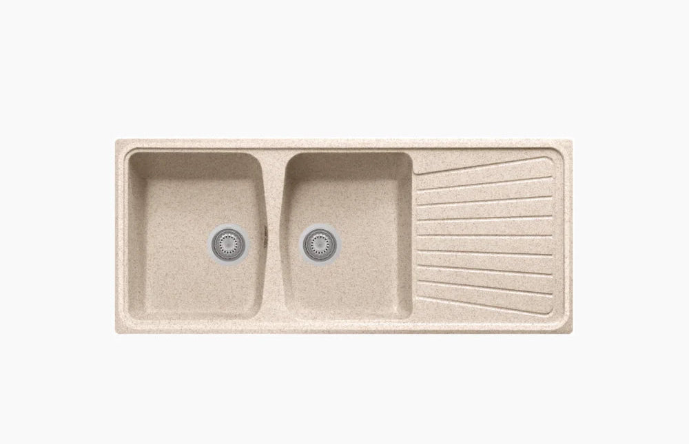 QUARTZ SINK 2.0 BOWL WITH DRAIN BOARD (DEPTH 8INCH) KAPPA LV-2 - NIRALI -  ( OLD STONE GRANITE - QUARTZ PREMIUM RANGE - 1160x500 mm - 45inchX19.6inch )