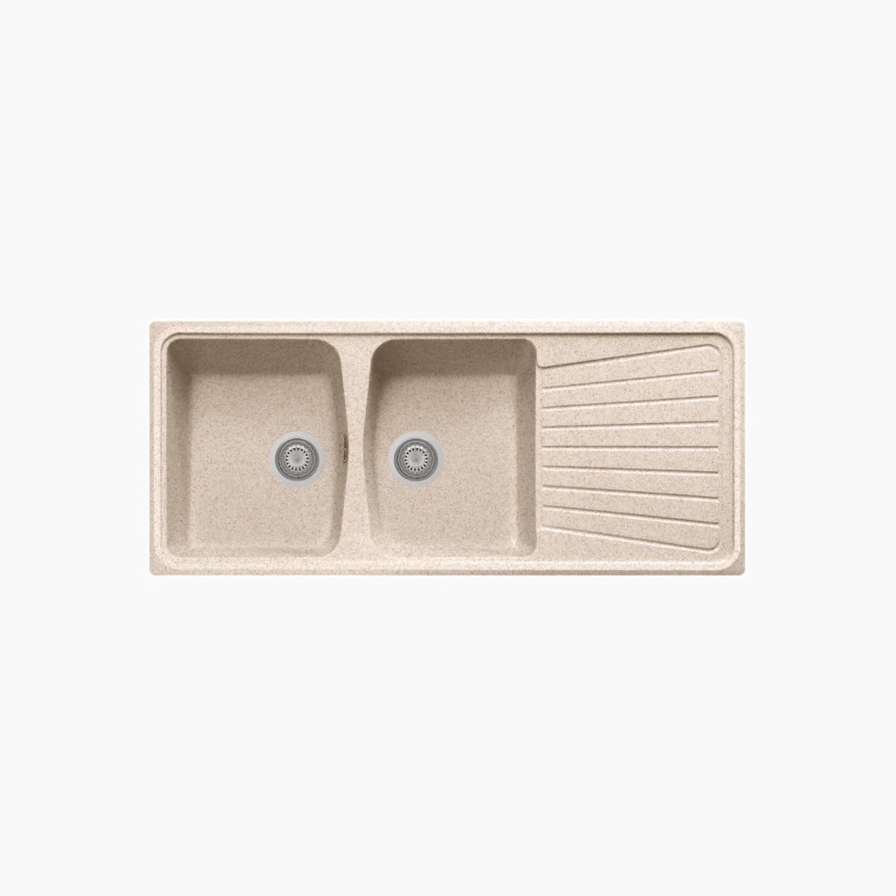 QUARTZ SINK 2.0 BOWL WITH DRAIN BOARD (DEPTH 8INCH) KAPPA LV-2 - NIRALI -  ( WHITE GRANITE - QUARTZ PREMIUM RANGE - 1160x500 mm - 45inchX19.6inch )