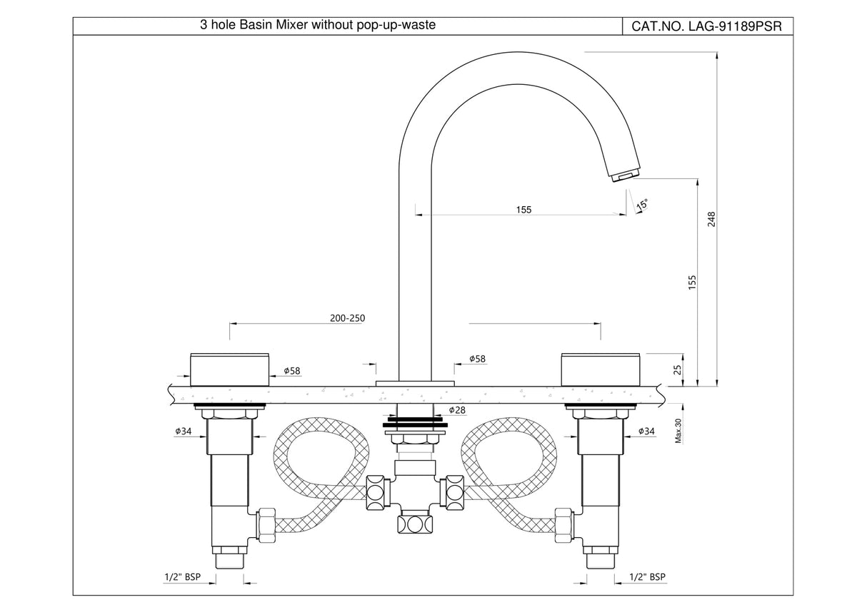3-HOLE BASIN MIXER WITH PIPE SPOUT - JAQUAR FAUCETS -  ( GOLD MATT PVD - LAGUNA - 0x15 mm - 0inchX0.5inch )