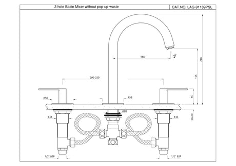 3-HOLE BASIN MIXER WITH PIPE SPOUT - JAQUAR FAUCETS -  ( GOLD MATT PVD - LAGUNA - 0x15 mm - 0inchX0.5inch )