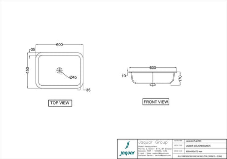 UNDER COUNTER BASIN - JAQUAR SWARE - ( WHITE - LAGUNA - 600x450 mm - 24inchX18inch )