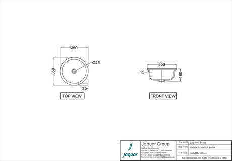UNDER COUNTER BASIN - JAQUAR SWARE - ( WHITE - LAGUNA - 350x350x160 mm - 14inchX14inchX6.4inch )