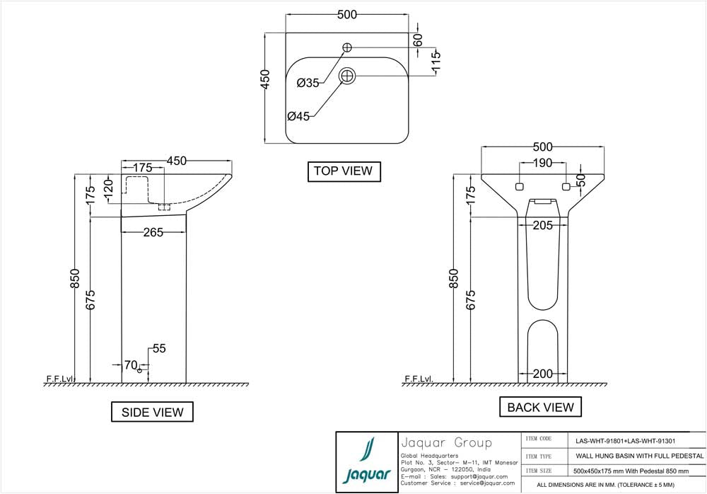 LAS-WHT-91801 - WALL HUNG BASIN W/FIXING ACC - JAQUAR SWARE - ( - - 0x0 mm - 0inchX0inch )