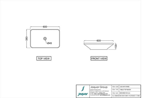 COUNTER TOP BASIN  - JAQUAR SWARE -  ( WHITE - LAGUNA - 600x380 mm - 24inchX15.2inch )