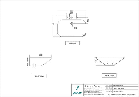TABLE TOP WASH BASIN - JAQUAR SWARE - ( WHITE - LAGUNA - 600x450x175 mm - 24inchX18inchX7inch )