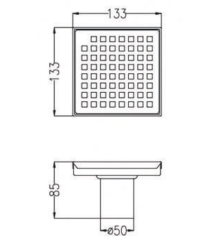 SQUARE SHOWER DRAIN CENTER OUTLET (50MM) - AUGA -  ( SS FINISH -  - 133x133x80 mm - 5.32inchX5.32inchX3.2inch )
