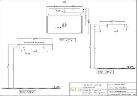 (PRUN)WASH BASIN WALL HUNG W/ACC - ARTIZE SWARE -  ( WHITE - LE BLANC - 690x490 mm - 27.5inchX19.6inch )