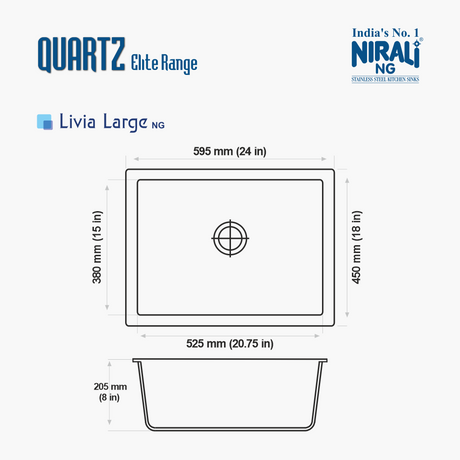 QUARTZ SINK 1.0 BOWL W/O DRAIN BOARD (DEPTH 8INCH) LIVIA LARGE - NIRALI - (GRANITE BLACK - QUARTZ ELITE RANGE - 595x450 mm - 24inchX18inch)