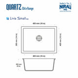 QUARTZ SINK 1.0 BOWL W/O DRAIN BOARD (DEPTH 8INCH) LIVIA SMALL - NIRALI -  ( METTALIC BLACK - QUARTZ ELITE RANGE - 455x405 mm - 18inchX16inch )