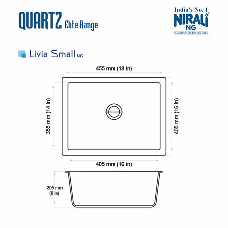 QUARTZ SINK 1.0 BOWL W/O DRAIN BOARD (DEPTH 8INCH) LIVIA SMALL - NIRALI -  ( METTALIC BLACK - QUARTZ ELITE RANGE - 455x405 mm - 18inchX16inch )