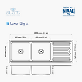 SS SINK 2.0 BOWL WITH DRAIN BOARD (DEPTH 9  ) LUXOR BIG - NIRALI -  ( GLOSSY - SILENT SQUARE - 1550x545 mm - 61inchX21.5inch )