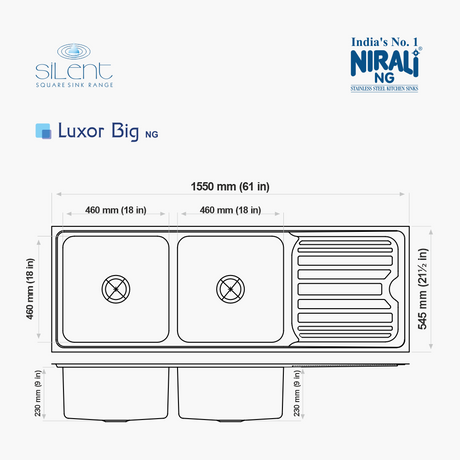 SS SINK 2.0 BOWL WITH DRAIN BOARD (DEPTH 9  ) LUXOR BIG - NIRALI -  ( GLOSSY - SILENT SQUARE - 1550x545 mm - 61inchX21.5inch )