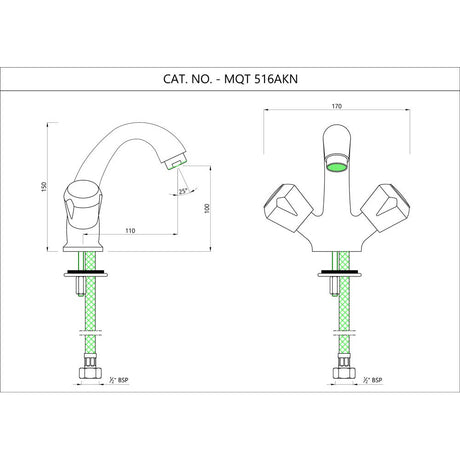 CENTRE HOLE B/MXR U SHAPED ROUND W/PIPES - ESSCO FAUCET -  ( CHROME - MARVEL RANGE - 0x15 mm - 0inchX0.6inch )