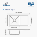 SS SINK 1.0 BOWL WITH DRAIN BOARD (DEPTH 9  ) MAESTRO BIG (1.2 MM THICKNESS) - NIRALI -  ( SATIN - MAGNUS PREMIUM RANGE - 1016x510 mm - 40inchX20inch )