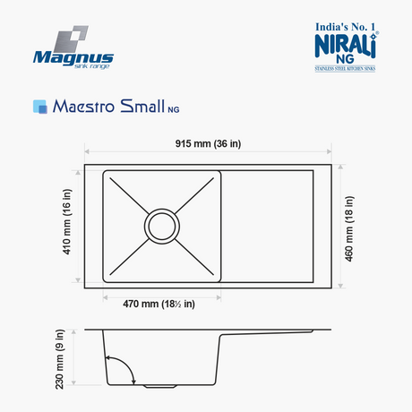 SS SINK 1.0 BOWL WITH DRAIN BOARD (DEPTH 9  ) MAESTRO SMALL (1.2 MM THICKNESS) - NIRALI -  ( SATIN - MAGNUS PREMIUM RANGE - 915x460 mm - 36inchX18inch )