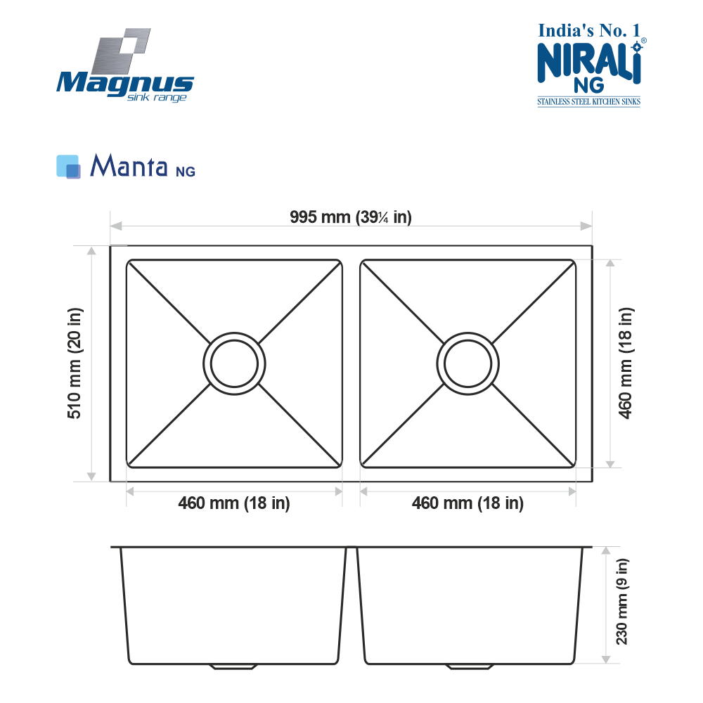 SS SINK 2.0 BOWL W/O DRAINBOARD (DEPTH 9INCH) MANTA BIG (1.2 MM THICKNESS) - NIRALI -  ( SATIN - MAGNUS PREMIUM RANGE - 1005x510 mm - 39.5inchX20inch )