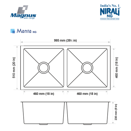 SS SINK 2.0 BOWL W/O DRAINBOARD (DEPTH 9INCH) MANTA BIG (1.2 MM THICKNESS) - NIRALI -  ( SATIN - MAGNUS PREMIUM RANGE - 1005x510 mm - 39.5inchX20inch )