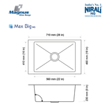 SS SINK 1.0 BOWL W/O DRAIN BOARD (DEPTH 9  ) MAX BIG (1MM THICKNESS) - NIRALI -  ( SATIN - MAGNUS ELITE RANGE - 710x460 mm - 28inchX18inch )