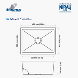 SS SINK 1.0 BOWL W/O DRAIN BOARD(DEPTH 8  ) MAXELL SMALL (1.2 MM THICKNESS) - NIRALI -  ( SATIN - MAGNUS PREMIUM RANGE - 490x410 mm - 19inchX16inch )
