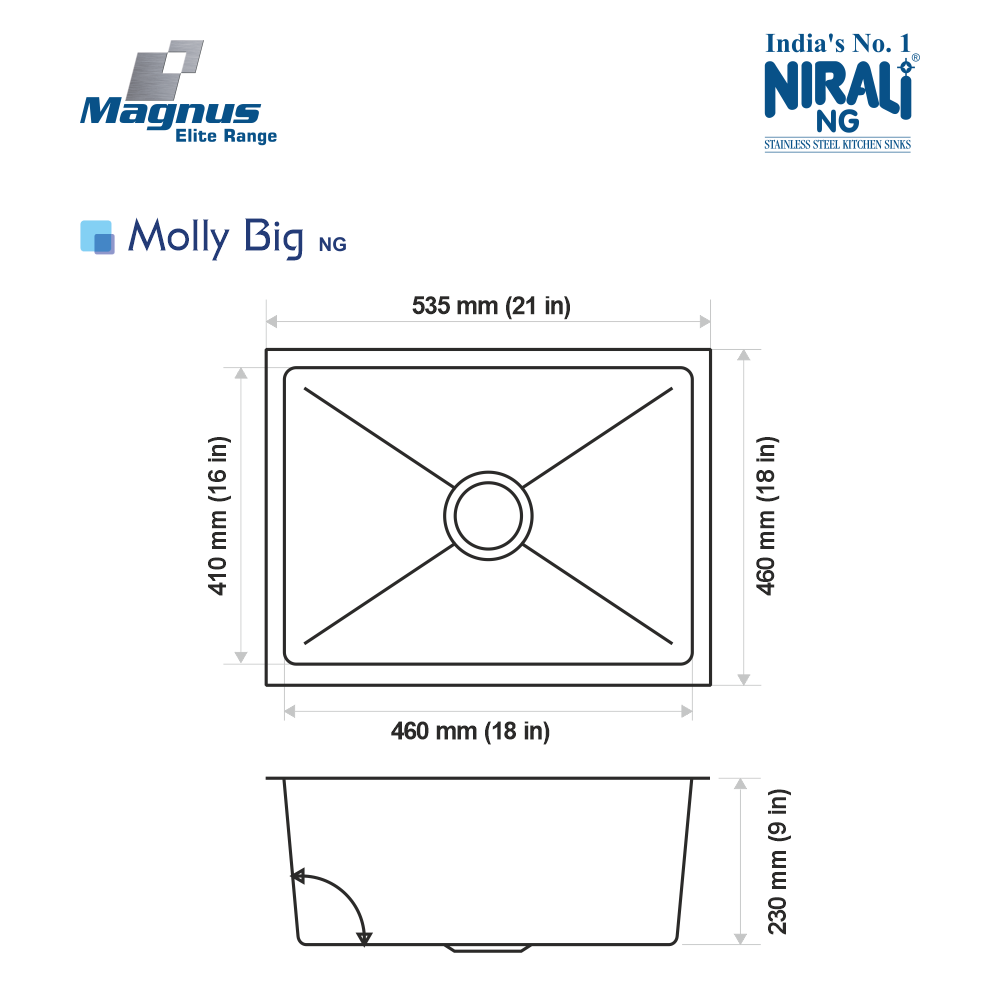 SS SINK 1.0 BOWL W/O DRAINBOARD (DEPTH 9INCH)MOLLY BIG (1MM THICKNESS) - NIRALI -  ( SATIN - MAGNUS ELITE RANGE - 535x460 mm - 21.4inchX18.4inch )