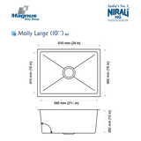 SS SINK 1.0 BOWL W/O DRAINBOARD (DEPTH 10INCH)MOLLY LARGE (1MM THICKNESS) - NIRALI -  ( SATIN - MAGNUS ELITE RANGE - 610x460 mm - 24inchX18inch )
