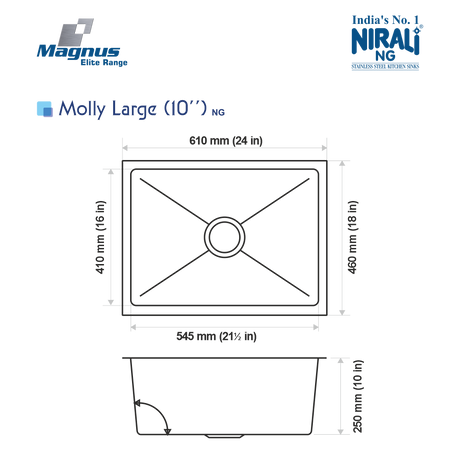 SS SINK 1.0 BOWL W/O DRAINBOARD (DEPTH 10INCH)MOLLY LARGE (1MM THICKNESS) - NIRALI -  ( SATIN - MAGNUS ELITE RANGE - 610x460 mm - 24inchX18inch )