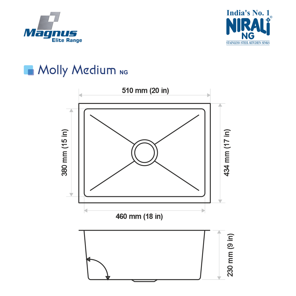 SS SINK 1.0 BOWL W/O DRAINBOARD (DEPTH 9INCH)MOLLY MEDIUM (1MM THICKNESS) - NIRALI -  ( SATIN - MAGNUS ELITE RANGE - 520x430 mm - 20inchX17inch )