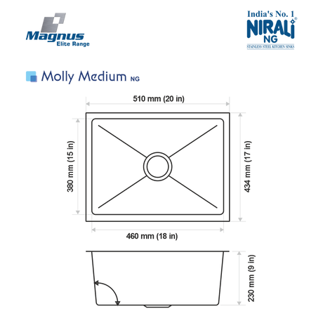 SS SINK 1.0 BOWL W/O DRAINBOARD (DEPTH 9INCH)MOLLY MEDIUM (1MM THICKNESS) - NIRALI -  ( SATIN - MAGNUS ELITE RANGE - 520x430 mm - 20inchX17inch )