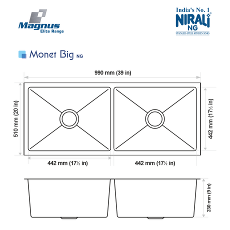 SS SINK 2.0 BOWL W/O DRAINBOARD ( DEPTH 9INCH )MONET BIG (1MM THICKNESS) - NIRALI -  ( SATIN - MAGNUS ELITE RANGE - 1005x510 mm - 40.2inchX20.4inch )