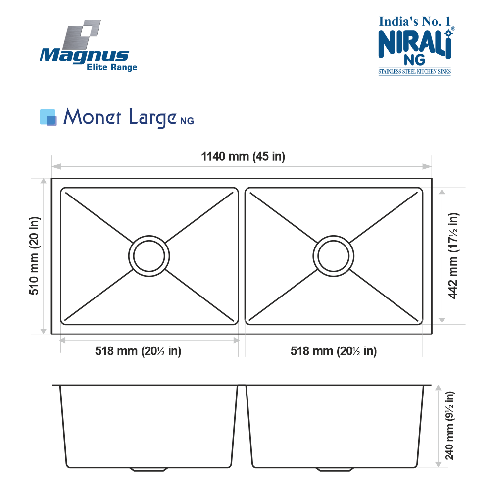 SS SINK 2.0 BOWL W/O DRAINBOARD (DEPTH 9.5INCH)MONET LARGE (1MM THICKNESS) - NIRALI -  ( SATIN - MAGNUS ELITE RANGE - 1155x510 mm - 45inchX20inch )