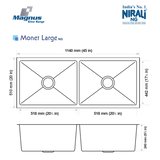 SS SINK 2.0 BOWL W/O DRAINBOARD (DEPTH 9.5INCH)MONET LARGE (1MM THICKNESS) - NIRALI -  ( SATIN - MAGNUS ELITE RANGE - 1155x510 mm - 45inchX20inch )