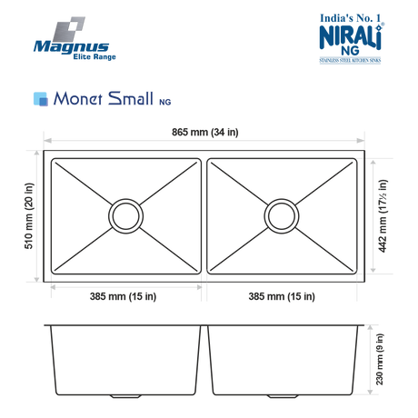 SS SINK 2.0 BOWL W/O DRAINBOARD (DEPTH 9INCH) MONET SMALL (1MM THICKNESS) - NIRALI -  ( SATIN - MAGNUS ELITE RANGE - 875x510 mm - 34inchX20inch )