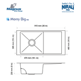 SS SINK 1.0 BOWL WITH DRAIN BOARD (DEPTH 9  ) MONTY BIG (1MM THICKNESS) - NIRALI -  ( SATIN - MAGNUS ELITE RANGE - 915x460 mm - 36inchX18inch )