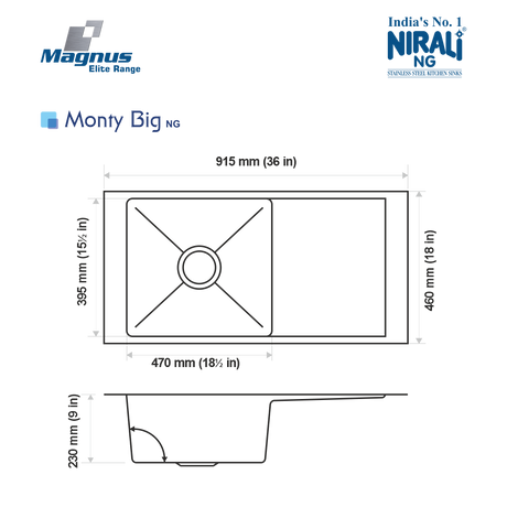 SS SINK 1.0 BOWL WITH DRAIN BOARD (DEPTH 9  ) MONTY BIG (1MM THICKNESS) - NIRALI -  ( SATIN - MAGNUS ELITE RANGE - 915x460 mm - 36inchX18inch )