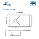 SS SINK 1.0 BOWL WITH DRAIN BOARD (DEPTH 9  ) MONTY LARGE (1MM THICKNESS) - NIRALI -  ( SATIN - MAGNUS ELITE RANGE - 1015x510 mm - 40inchX20inch )